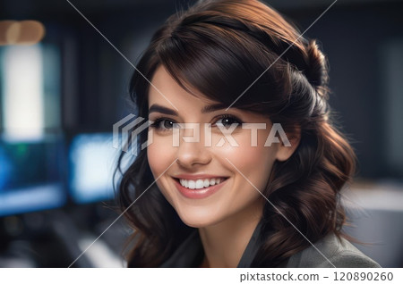 Portrait of attractive cheerful pixie brown-haired girl leader partner top director startup developer in modern office. Close up of smiling young adult girl with blurred open space background.. AI 120890260