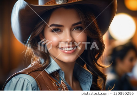 Portrait of smiling young adult beautiful woman with long wavy dark hairs and cowboy hat sitting in country house or pub bar with rustic background. AI 120890296
