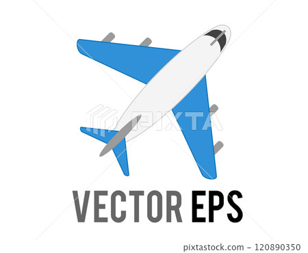 White literal airplane flat icon with blue wings and engines White literal airplane flat icon with blue wings and engines 120890350