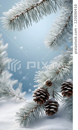 A serene winter landscape with frosty pine branches and delicate snowflakes dancing in the gentle breeze under a soft blue sky. Generative AI 120890416