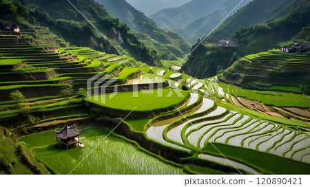 Lush green terraced rice fields nestled in mountainous landscape under soft morning sunlight. Generative AI 120890421