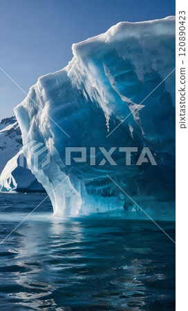 A majestic iceberg gleams under the bright sunlight in the tranquil waters of the Arctic region, showcasing nature\'s artistry. Generative AI 120890423