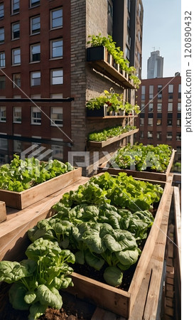 Urban rooftop garden flourishing with fresh greens and vibrant plants in the heart of the city during a sunny afternoon. Generative AI 120890432