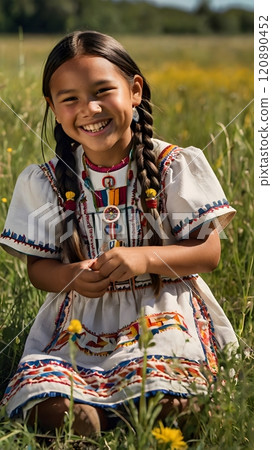 A joyful young girl in traditional attire sits in a vibrant meadow filled with blooming wildflowers on a sunny afternoon. Generative AI A joyful young girl in traditional attire sits in a vibrant meadow filled with blooming wildflowers on a sunny afternoon. Generative AI 120890452
