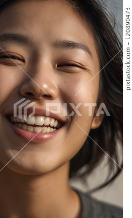 A radiant young woman smiling brightly in the warm sunlight, captured during a carefree moment outdoors by the beach. Generative AI 120890473