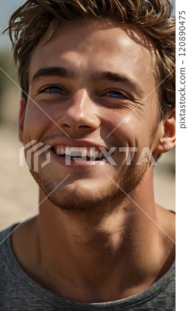 A joyful young man enjoys a sunny day at the beach, radiating happiness with a bright smile and shining blue eyes. Generative AI 120890475
