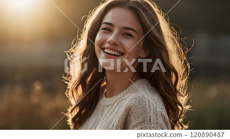 A joyful young woman radiates happiness in a sunlit meadow during golden hour, showcasing nature\'s beauty. Generative AI 120890487