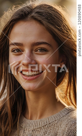 A warm afternoon glow highlights a young woman\'s joyful smile in a serene outdoor setting, capturing the essence of happiness. Generative AI 120890488