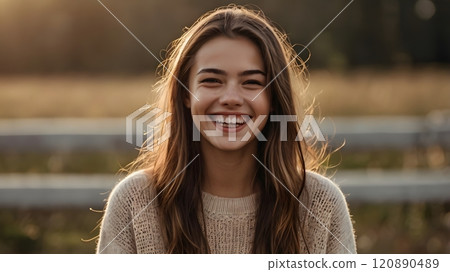 A joyful young woman smiles brightly, basking in the warm glow of the evening sun amidst an open field. Generative AI 120890489
