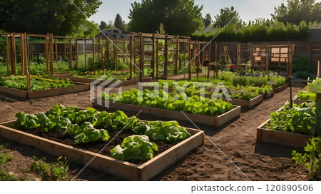A vibrant community garden in summer showcasing lush vegetable beds and flourishing greenery under a bright blue sky. Generative AI A vibrant community garden in summer showcasing lush vegetable beds and flourishing greenery under a bright blue sky. Generative AI 120890506