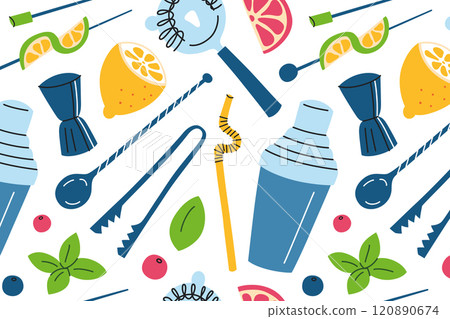 Vector pattern of cocktail tools and garnishes in flat cartoon style. Illustrations of shakers, strainers, jiggers, citrus slices, mint leaves, seamless background of bar accessories for mixology 120890674