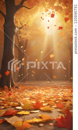 Golden autumn leaves dance in sunlight filtering through trees in a serene woodland clearing. Generative AI 120890781