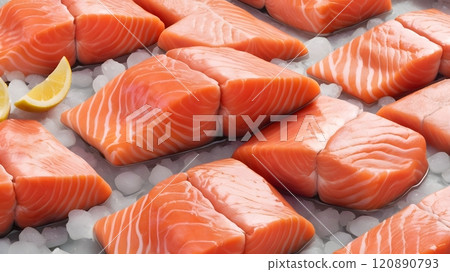 Freshly cut salmon fillets resting on ice with lemon slices in a vibrant seafood market during the bustling afternoon. Generative AI 120890793