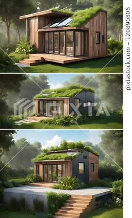 A modern eco-friendly home nestled in lush greenery and bathed in soft sunlight during the early morning hours. Generative AI A modern eco-friendly home nestled in lush greenery and bathed in soft sunlight during the early morning hours. Generative AI 120890808