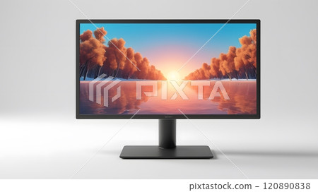 A serene landscape displayed on a monitor showcasing a tranquil sunset in a forest with vibrant trees reflected in the water. Generative AI 120890838