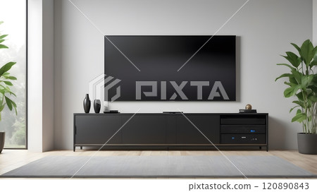 A modern living room featuring a sleek television and stylish furniture against a serene backdrop of greenery. Generative AI 120890843
