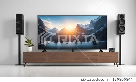 Modern living room showcasing a large television with a serene mountain landscape at sunset, complemented by stylish audio speakers. Generative AI 120890844