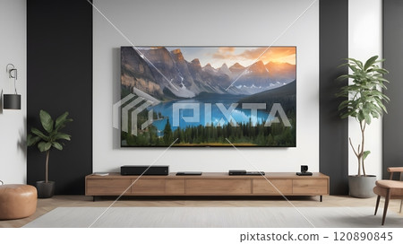 Modern living room showcasing a stunning landscape on a large screen, blending nature with contemporary design during golden hour. Generative AI 120890845