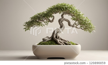 Serene bonsai tree artfully displayed in a minimalistic studio with soft light highlighting its elegant curves and lush foliage. Generative AI 120890859