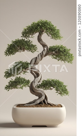 Elegant bonsai tree with intricate twists, showcasing lush foliage in a minimalistic pot for tranquil home decor. Generative AI Elegant bonsai tree with intricate twists, showcasing lush foliage in a minimalistic pot for tranquil home decor. Generative AI 120890860