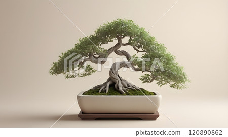 A serene bonsai tree gracefully showcases its twisting branches and lush foliage in an elegantly styled planter on a wooden surface. Generative AI 120890862