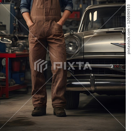 A mechanic stands confidently beside a classic car in a vintage garage, surrounded by tools and automotive charm. Generative AI A mechanic stands confidently beside a classic car in a vintage garage, surrounded by tools and automotive charm. Generative AI 120890933