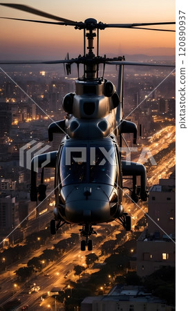 A sleek helicopter hovers over a sprawling cityscape at dusk, capturing the vibrant glow of city lights below. Generative AI 120890937