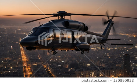 A helicopter hovers above a vibrant city skyline at twilight, casting a glow over illuminated streets below. Generative AI 120890938