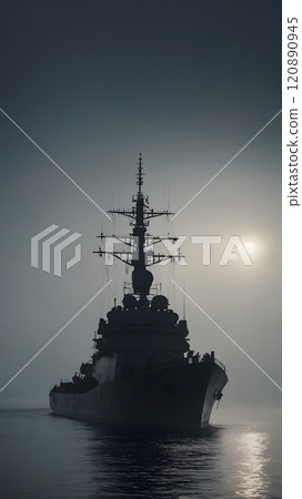 A solitary warship emerges from the misty waters at dawn, silhouetted against the rising sun and enveloped in mysterious fog. Generative AI 120890945