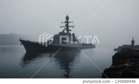 A lone naval vessel emerges from dense fog, navigating tranquil waters at dawn in a mysterious coastal landscape. Generative AI 120890946