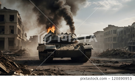 Destructive remnants of war as a tank advances through a devastated urban landscape engulfed in smoke at dusk. Generative AI 120890953