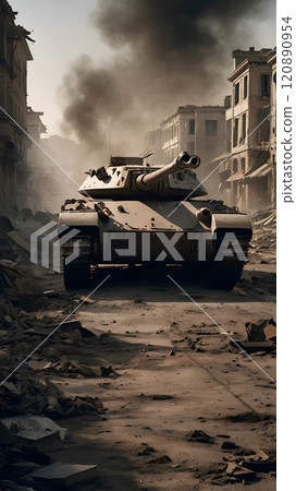 A powerful tank navigates a war-torn cityscape, evoking a sense of history and resilience in the midst of destruction. Generative AI 120890954