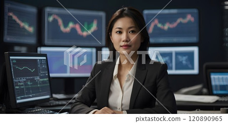 A focused financial analyst strategizing market trends in a modern trading room during late afternoon hours. Generative AI A focused financial analyst strategizing market trends in a modern trading room during late afternoon hours. Generative AI 120890965