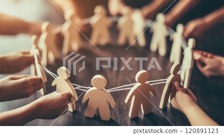 Wooden figures connected by string, symbolizing teamwork and unity. Wooden figures connected by string, symbolizing teamwork and unity. 120891123