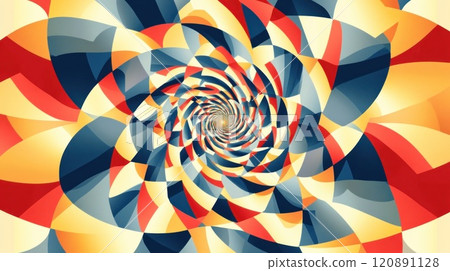 Abstract swirling vortex of red, yellow, and blue geometric shapes. 120891128
