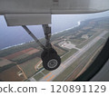 Minamidaito Airport seen from above Minamidaito Island, Okinawa Prefecture, through the landing gear of an aircraft 120891129