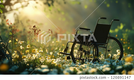 Wheelchair in a sunny, flower-filled meadow. Wheelchair in a sunny, flower-filled meadow. 120891147