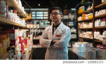Pharmacist standing in well-stocked pharmacy. 120891151