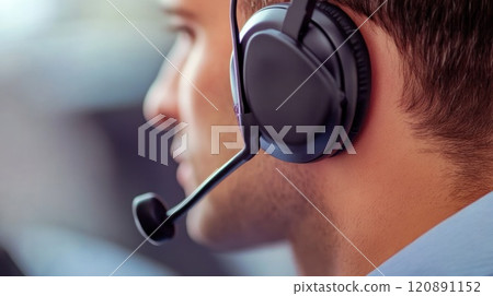 Close-up profile of a man wearing a headset, focused on his work. Close-up profile of a man wearing a headset, focused on his work. 120891152