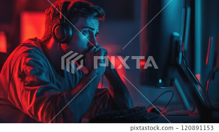 Focused young man gaming late at night, intense concentration, red and blue light. Focused young man gaming late at night, intense concentration, red and blue light. 120891153