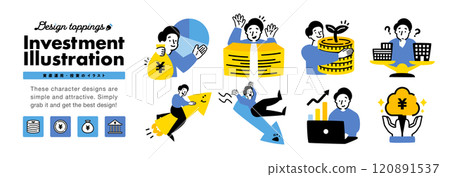 年輕男性圖標插圖集與投資、資產和金錢相關的成功、失敗等圖像。 120891537