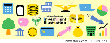 與投資硬幣、票據、公司、筆記型電腦、袋子、存錢筒等相關的金錢圖示插圖。 120891541