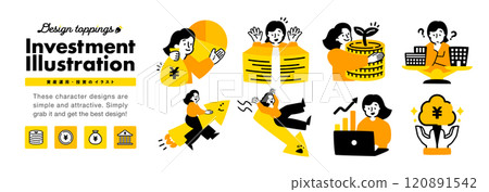 與投資、資產和金錢相關的成功、失敗等圖像的年輕女性圖標插圖集 120891542