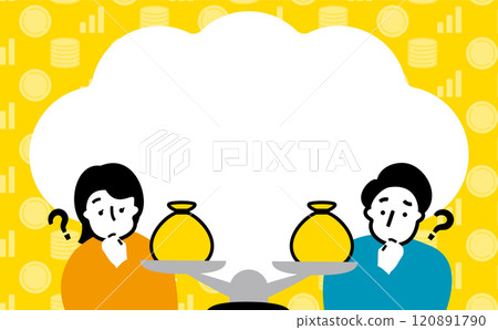 一對年輕夫婦思考投資基金和稱量錢袋的框架背景_可用於儲蓄、儲蓄和保險場景的插圖 120891790