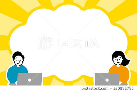Background decorated with frames and speech bubbles: Seminar scene of men and women learning and studying investment on a laptop Background decorated with frames and speech bubbles: Seminar scene of men and women learning and studying investment on a laptop 120891795