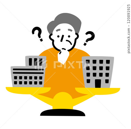 An illustration about money in which a senior man who invests in real estate and stocks is weighing a building against the other 120891925