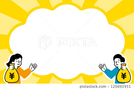 背景框架，想要提高金錢和金錢素養的男人和女人拿著日元儲蓄袋，並使用語音泡沫談論儲蓄。 120891931