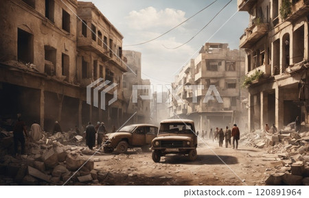 Refugees and displaced by war or a natural disaster walking through the streets of a destroyed city. Ruined demolition town. A city devastated by war and bombing. Middle east crisis 120891964