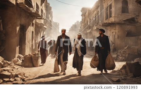 Refugees and displaced by war or a natural disaster walking through the streets of a destroyed city. Ruined demolition town. A city devastated by war and bombing. Middle east crisis 120891993