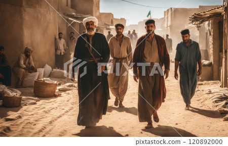 Refugees and displaced by war or a natural disaster walking through the streets of a destroyed city. Ruined demolition town. A city devastated by war and bombing. Middle east crisis 120892000